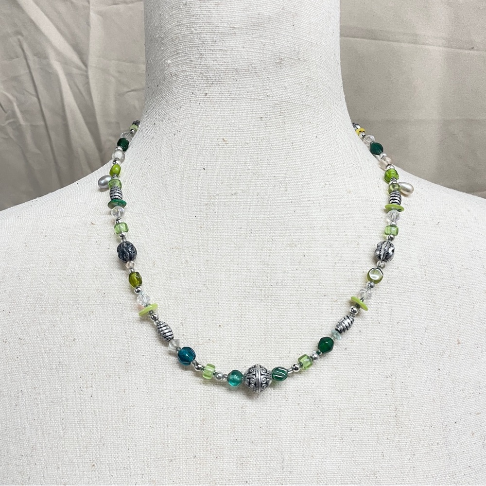Boho Mixed Bead Necklace Green Blue Silver Handmade Glass & Metal Beads Festival